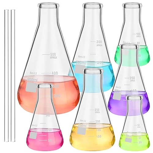 Erlenmeyer - Juego de 9 frascos de vidrio con varilla agitadora de vidrio, 7 tamaños, 1.7 fl oz, 3.4 fl oz, 5.1 fl oz, 6.8 fl oz, 8.5 fl oz, 10.1 fl