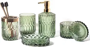 EMPO 6PCS Bathroom Clear Glass Accessories Set (Lotion Soap Dispenser, Soap Dish, Toothbrush Holder, Tumbler, Cotton Swab Jar), Contemporary Modern Decor Crystal Vintage Gift (6pcs Green)
