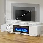 Oneinmil 70" TV Levez-vous avec Double LED Lumières pour le salon, Centre de divertissement moderne & Console de médias, Adapte les téléviseurs jusqu'à 80", Armoire de rangement avec étagères, blanc