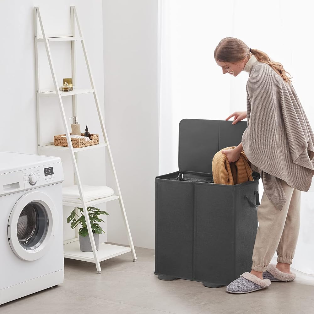 Lifewit Double Laundry Hamper with Lid and Removable Laundry Bags, Large Collapsible 2 Dividers Dirty Clothes Basket with Handles for Bedroom Laundry Room Closet Bathroom College, 136L Black