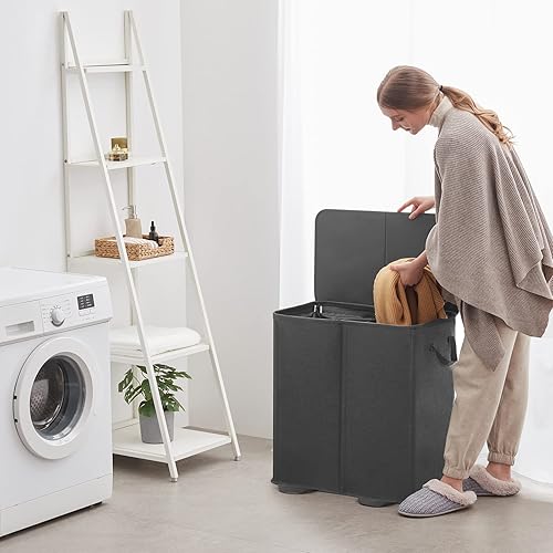 Miniatura 7 de Lifewit Cesta de lavandería doble con tapa y bolsas de lavandería extraíbles, gran plegable, 2 divisores, cesta de ropa sucia con asas para Negro