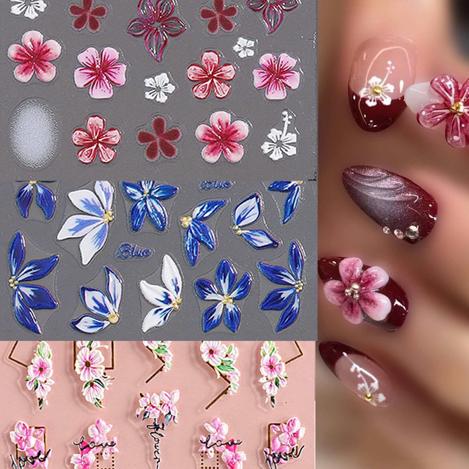 Fiori Adesivi Unghie, Stickers Unghie Nail Art 5D Floreale Rilievo Tridimensionale, Bello Nail Stickers, 3 Fogli Decorazioni Unghie Autoadesivi