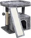 Petit arbre de chat imprimé Leopard pour les chats intérieurs. Tour courte avec poste de scratching, pad ambulant, condo avec lit de perche, maison de jeux de chatons, boule en peluche suspendue & Cave pour le repos (Imprimé léopard)