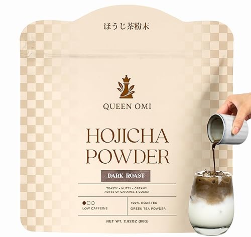 Queen Omi Polvo de Hojicha orgánico | 2.82 oz | Polvo de té verde tostado japonés 100% orgánico, alternativa al matcha y al café, baja en cafeína,
