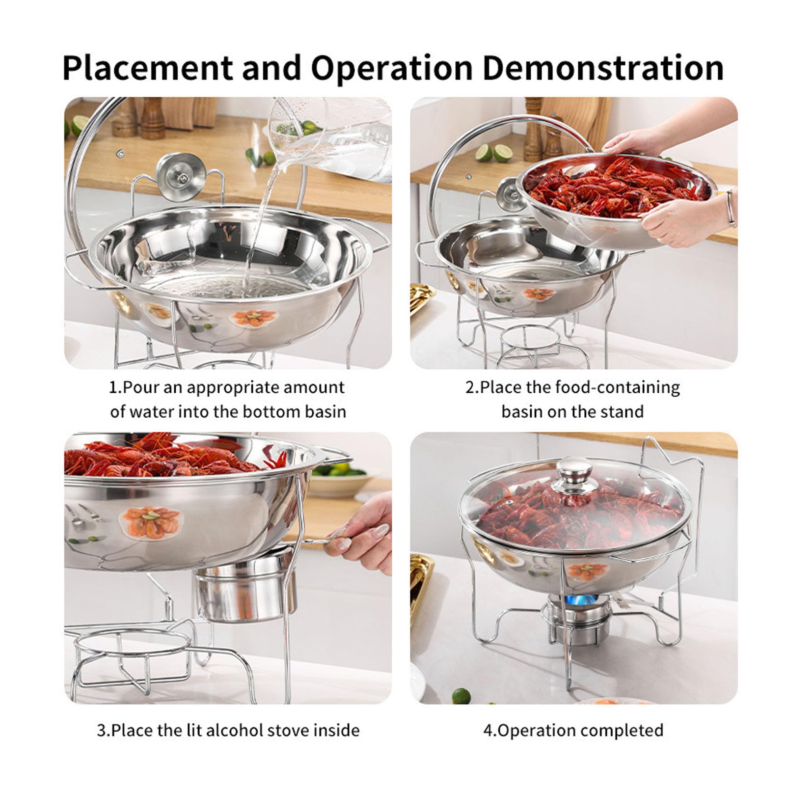 Pssopp Juego de Platos de Chafing Buffet, Calentador de Alimentos Redondos de Acero Inoxidable con Tapa de Vidrio y Contenedor de para Eventos de Catering y Entretenimiento en el (3.5L)