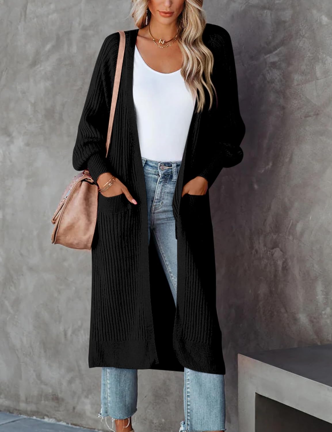 Womens Long Cardigan Sweaters 2025 Open Front Ribbed Knit Maxi Coat Fall Outwear with Pockets - Image 4