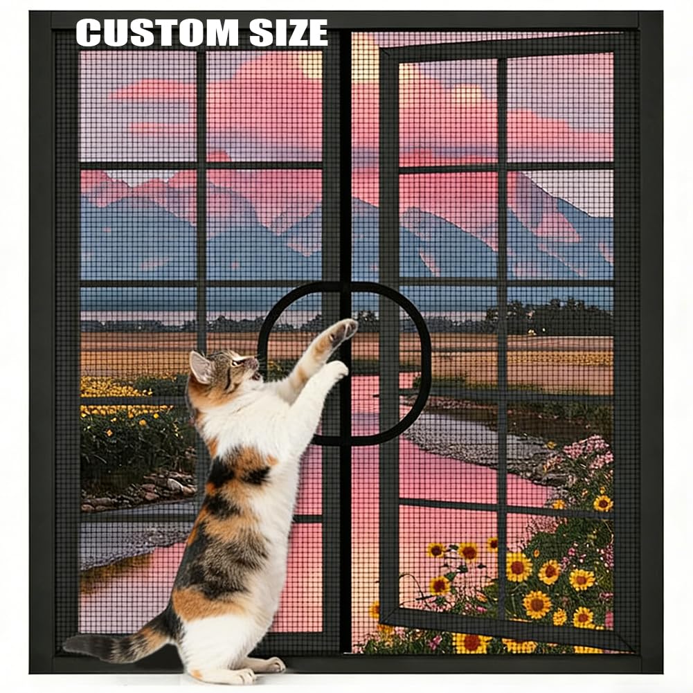 Yuly Cat Protection Window Guard with Zipper, Custom Size Cat Safety Net Window Screen for Cats, Self-Adhesive Netting Fly Screen Anti-Mosquito Insect Mesh