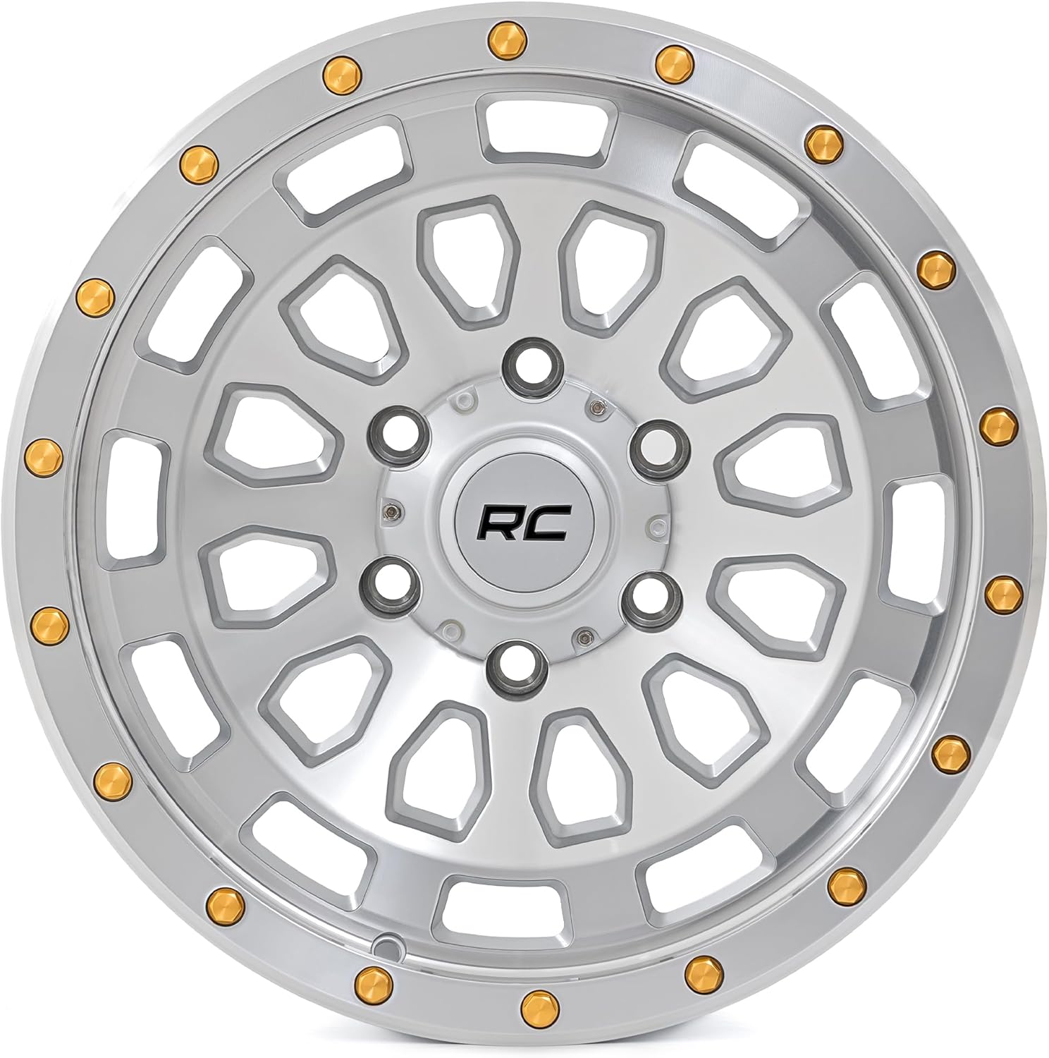 Rough Country 87 Series 17x8.5 Chrome Machined Wheel with Simulated Beadlock & Gold Accent Bolts - 6x5.5 Bolt Pattern, +0mm Offset, One-Piece Aluminum Rim for Trucks & Jeeps
