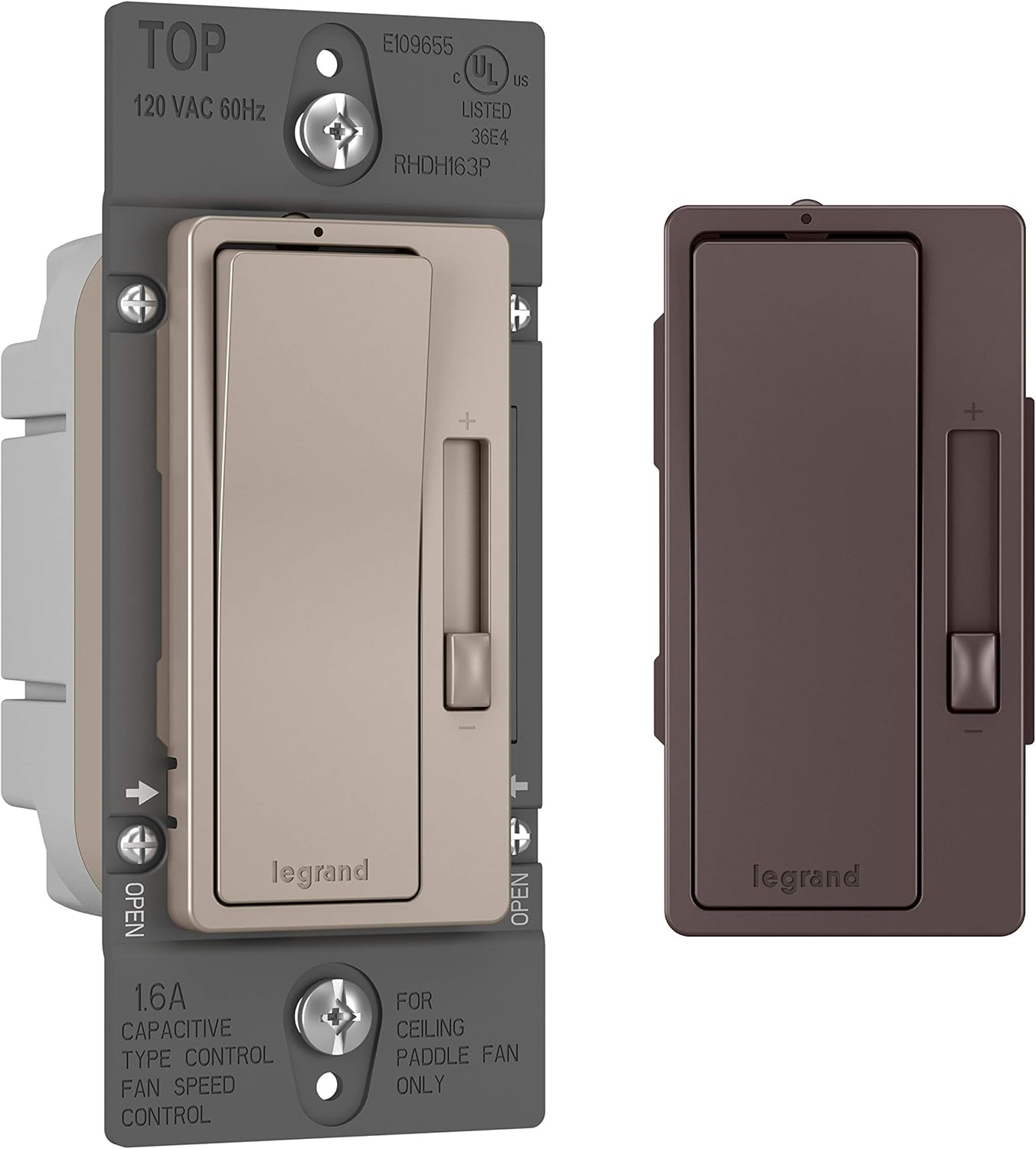 Legrand Radiant 1.6A Preset 3 Speed Decorator Rocker Fan Control Light Switch, For Smart Home Setup with Locator, Single Pole/3-Way, RHDH163PTCCCV6, White/Light Almond/Ivory, 1 Count