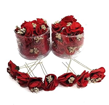 baba fashions , Hair Flower Fancy Bun Metal Jura pins Pack Of 12 red Rose Hair Accessories/Fancy Juda Pins /Clips for Bun Decoration/Juda pins for Bridal Hair for Women and Girls Bobby U Shape Pins