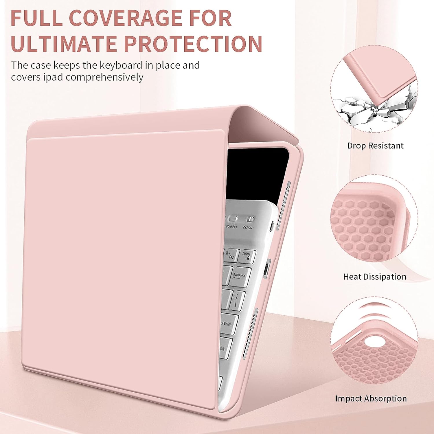 Keyboard Case for iPad 9th/8th/7th Generation 10.2 Inch 2021/2020/2019, Soft TPU Back Stand Cover Smart Case with Pencil Holder, Magnetically Detachable Wireless Bluetooth Keyboard, Pink