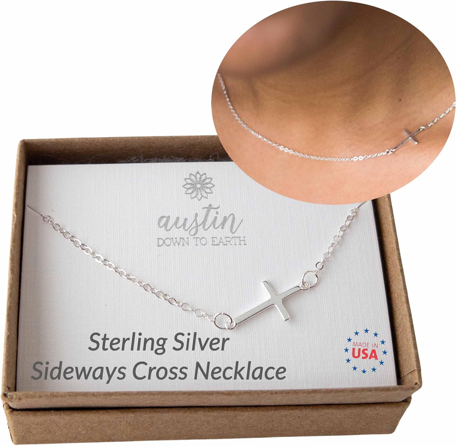Sterling Silver Sideways Cross Necklace Christian Necklace for Women 16 or 18 inch Cross Necklace Necklace with Cross Side Small Cross Necklace Graduation Baptism (16 inches)