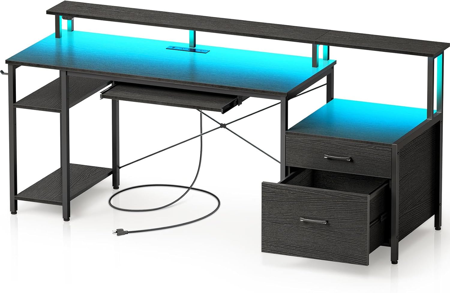 Rolanstar Computer Desk 65" with Power Outlet & LED Light, Home Office