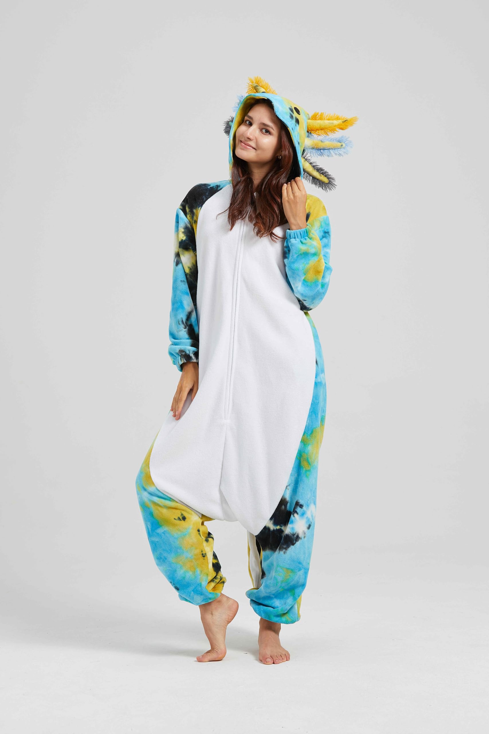 SimZoo Axolotl Tier-Einteiler-Pyjama für Erwachsene, Herren und Damen, Unisex-Hauskleidung Einteilige Cosplay-Kostüm, Nachtwäsche