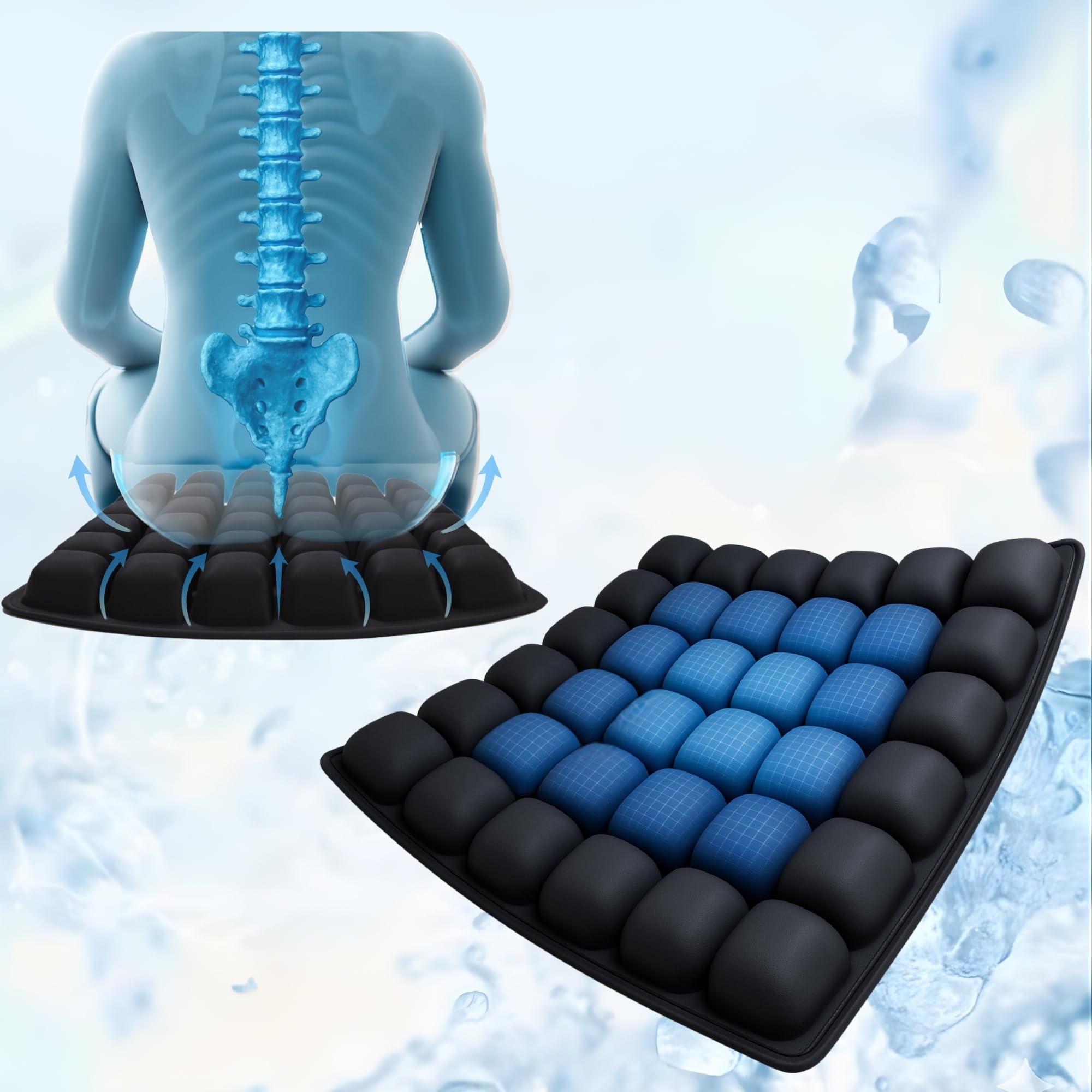 36-Cell Air Bubble Inflatable Seat Cushion with Built-in Pump - 50-100% Adjustable Firmness - 360° Breathable Cooling - TPU+Spandex, Anti-Slip Base - 42×42×4 Portable Travel & Office Cushion