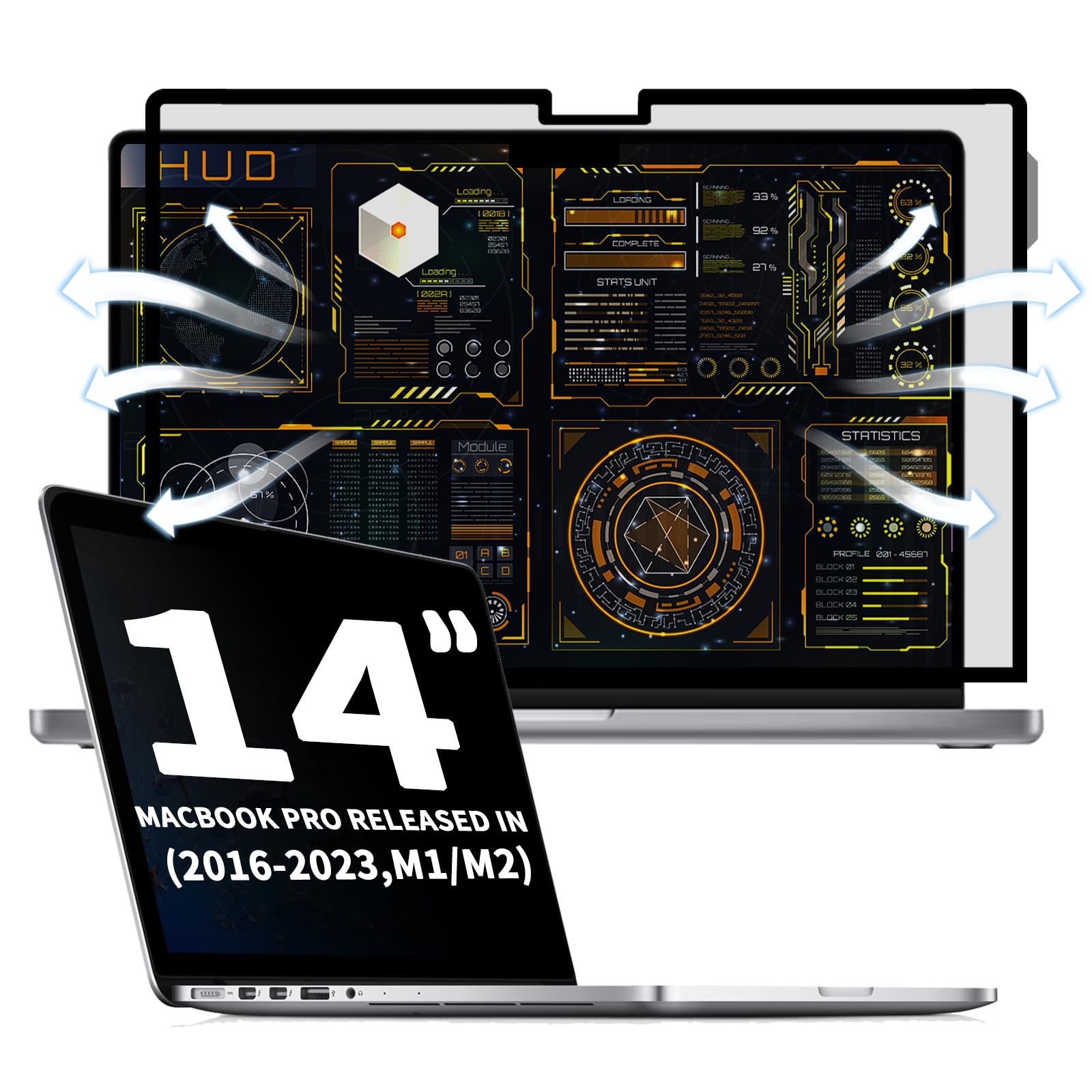Removable Vacuum Adsorption Screen Privacy Film for MacBook Pro 14 Inch (2021-2023, M1, M2, M3)-A2918 A2992 A2442 A2779, Anti-Spy/Anti Fingerprint/Anti Blue Light/Bubble Free
