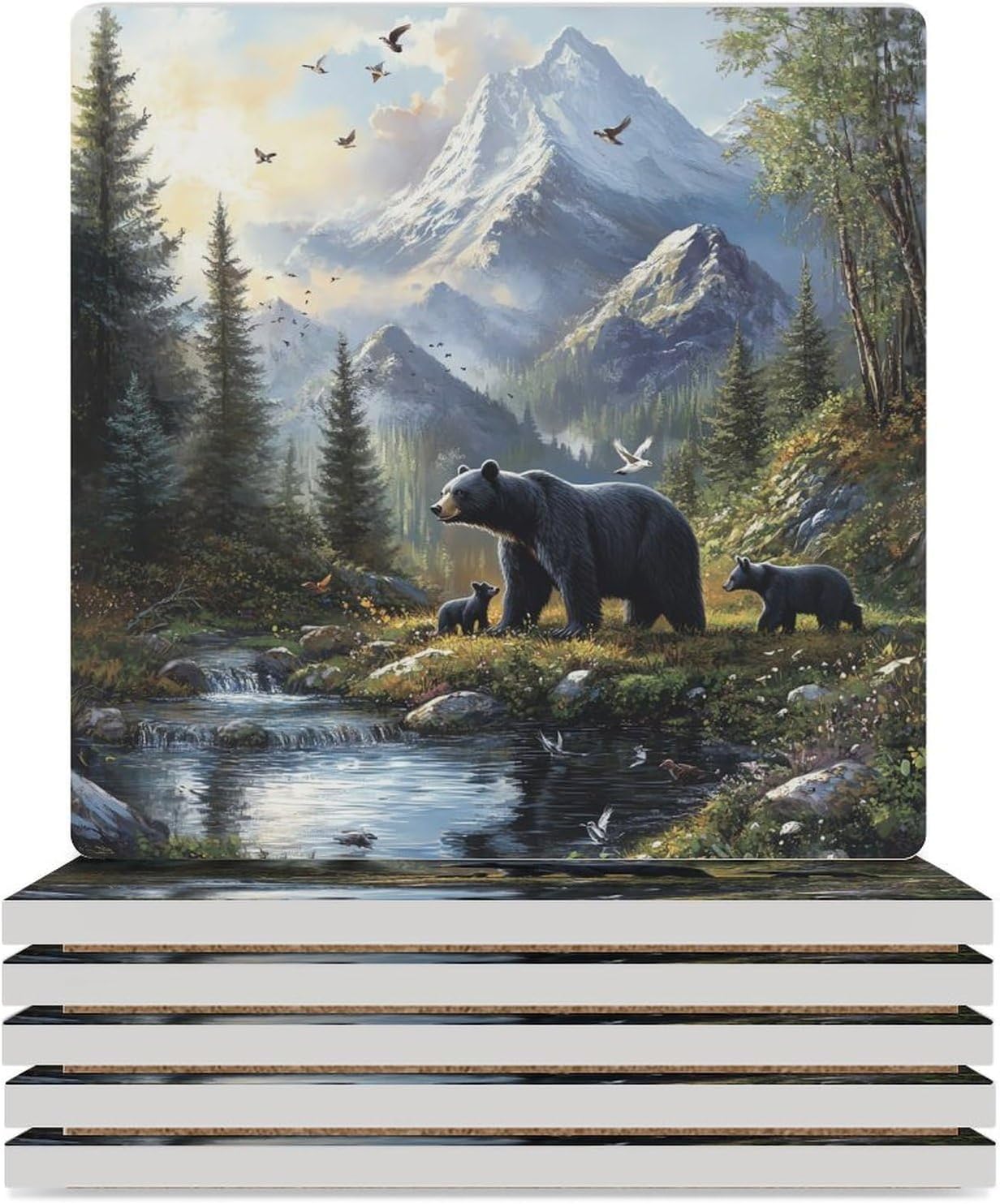 Rustic Bear Family Forests Ceramic Coasters Set Square Drink Coasters Table Coaster for Kitchen Desktop Decor