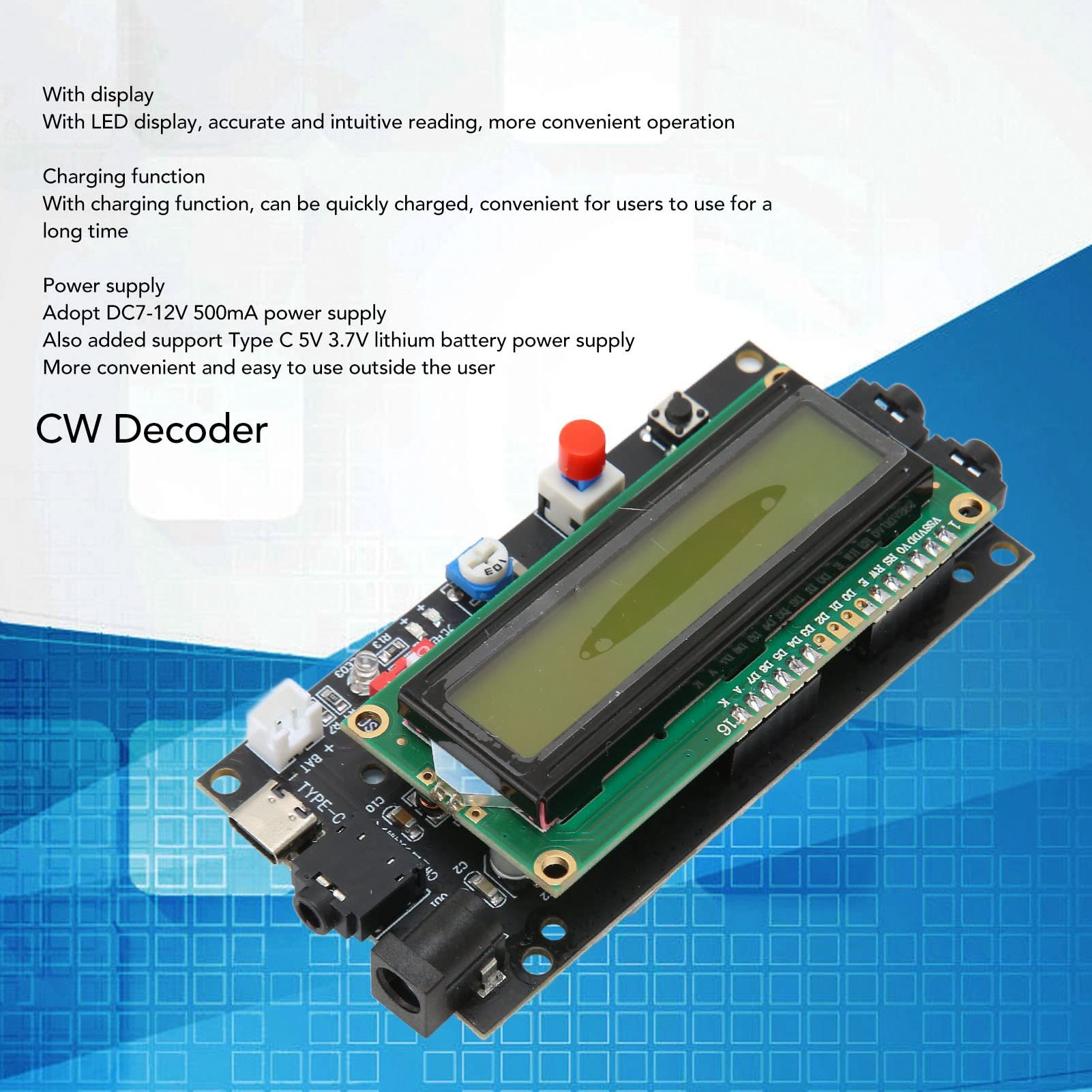 Decodificador CW, DC 7-12V 500mA Pantalla LED Lector de Código Morse Traductor con Función de Carga Ham Radio Essential CW Decoder