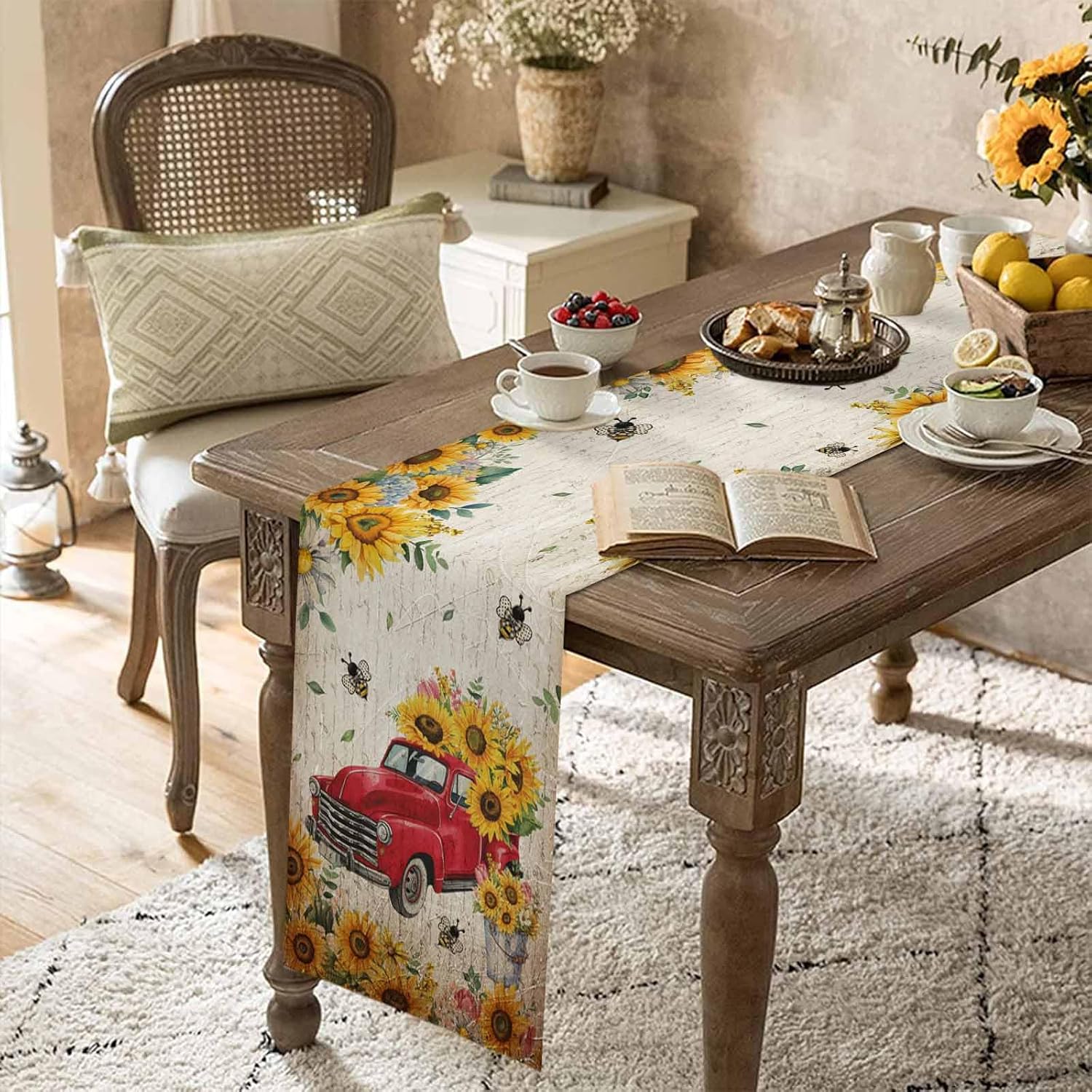 Red Truck Burlap Table Runner - 72 Inch Sunflower Pattern for Parties & Weddings, Floral Dining Room Decor