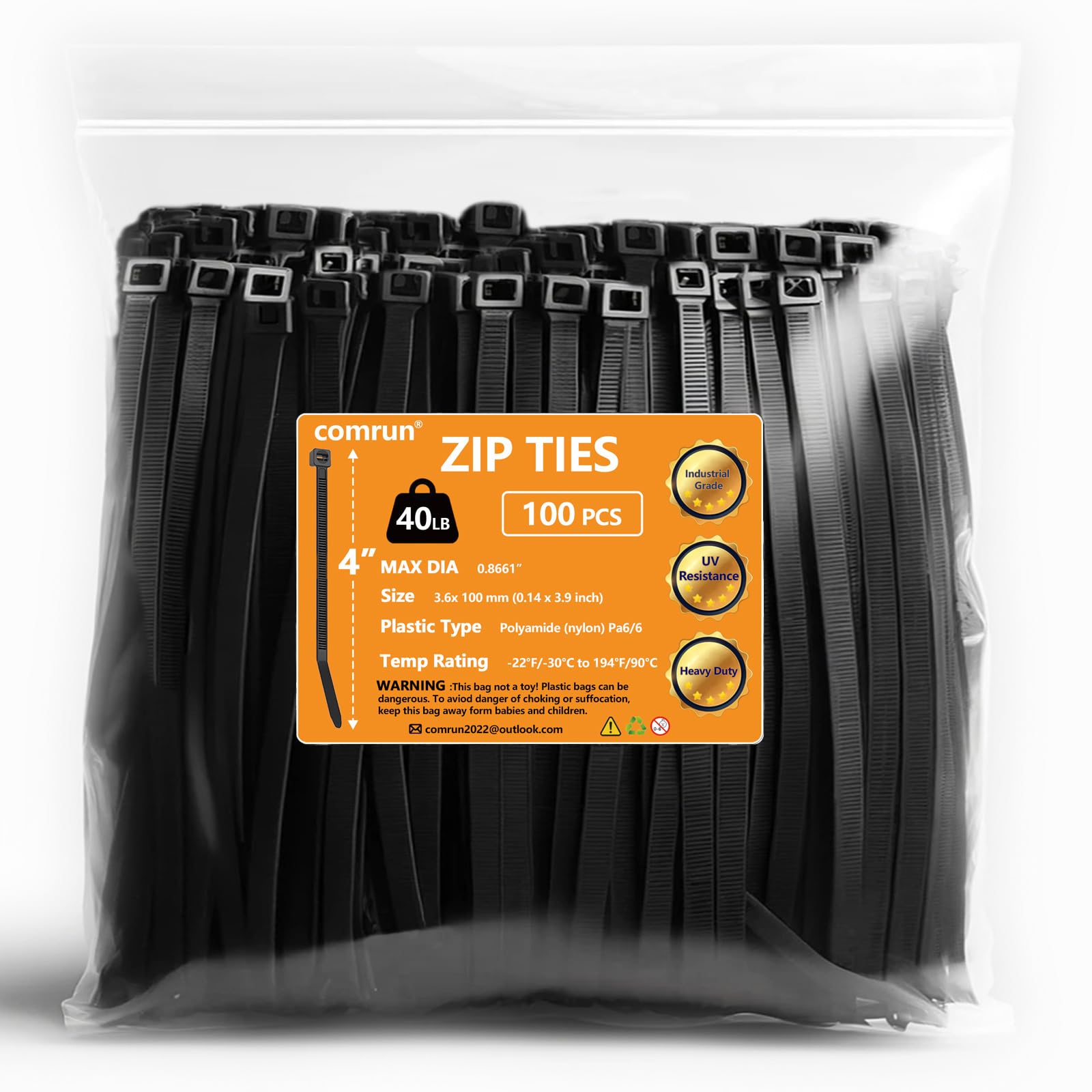 Comrun 4 Inch Black Cable Tie Zip Ties Nylon Zip Ties Plastic Ties 100Pcs