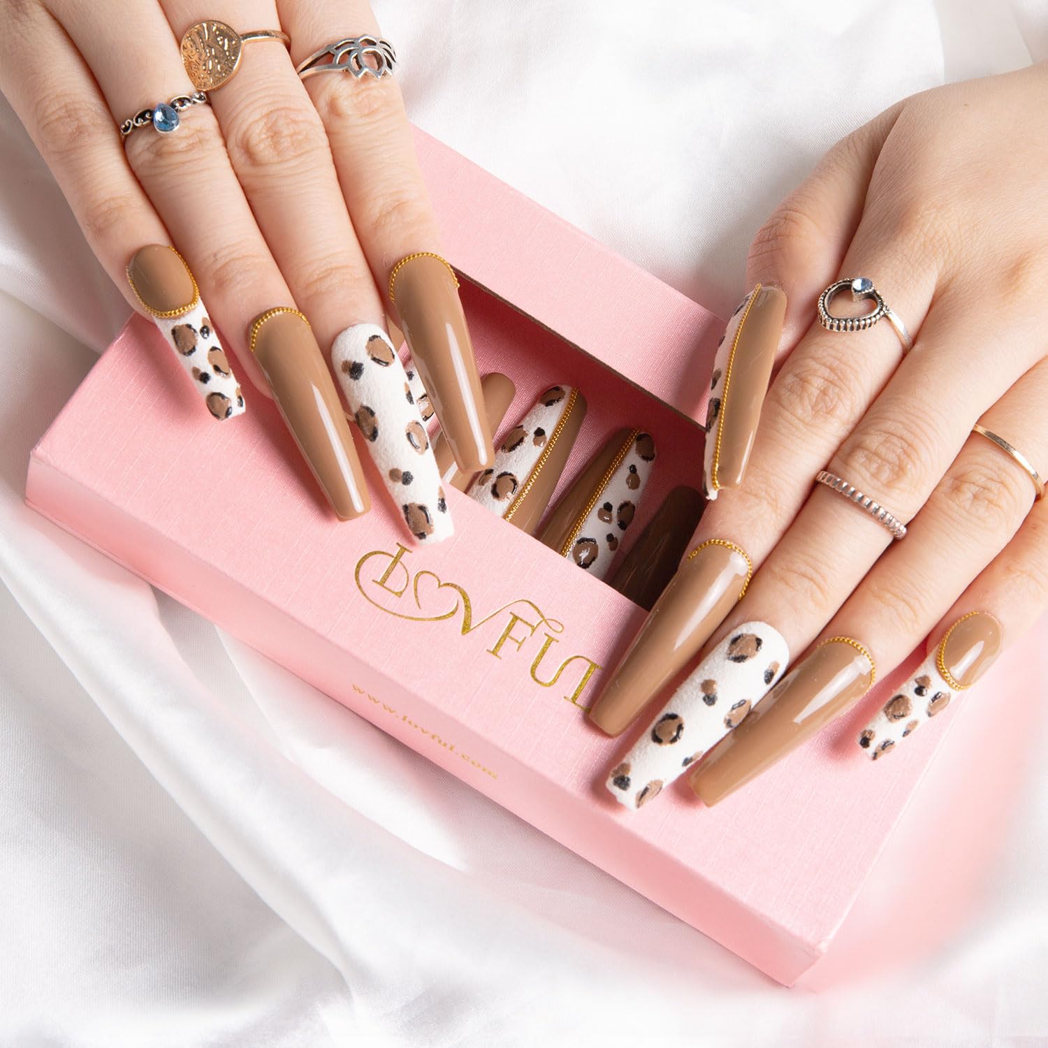 LOVFUL Press on Nails Mellow Mocha | Handmade with Full Covered Crystals | Reusable Fake Nails | Coffin Mid length 1.7 in | H32-M