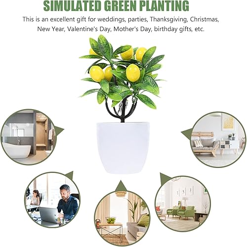 Miniatura 5 de INOOMP Decoración artificial de planta de árbol de limón, 9.45 pulgadas, mini tallos de frutas en maceta, decoración de macetas verdes falsas,
