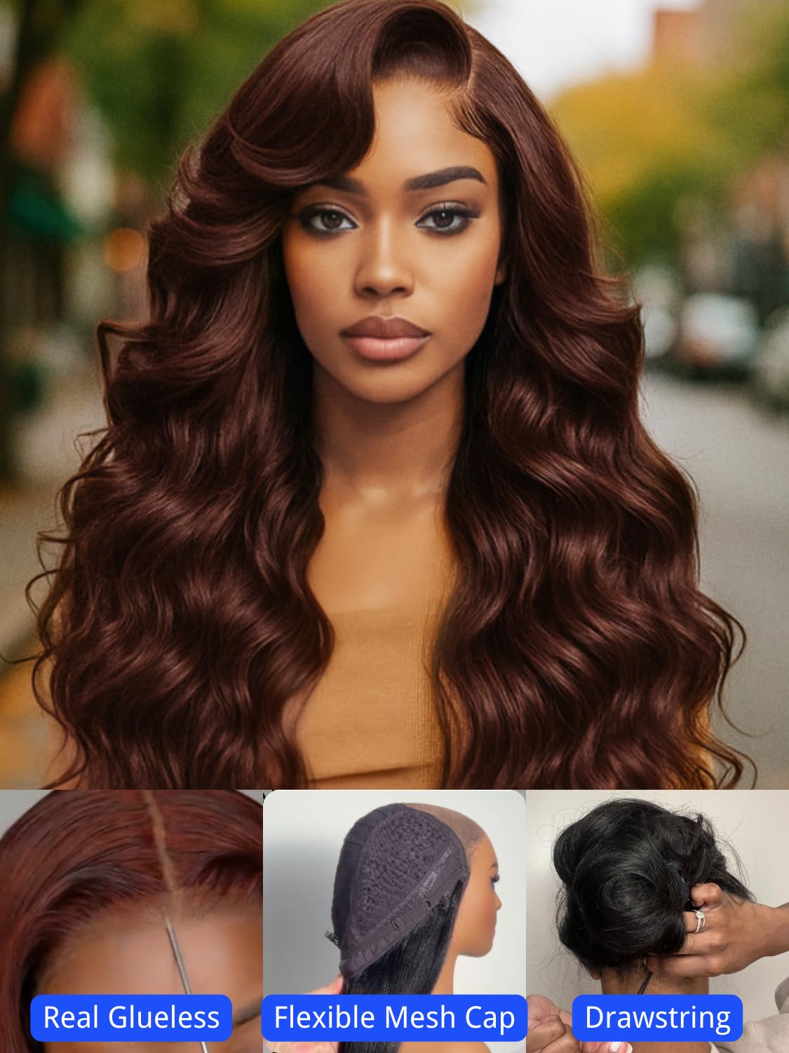 Nadula 7x5 Bye Bye Knots No Slip Auburn Reddish Brown Body Wave Side Part Drawstring Wig Human Hair,Pre Cut Glueless Bye Bye Slip Lace Front Wig Pre Plucked Bleached Knots Ready to Wear 22inch