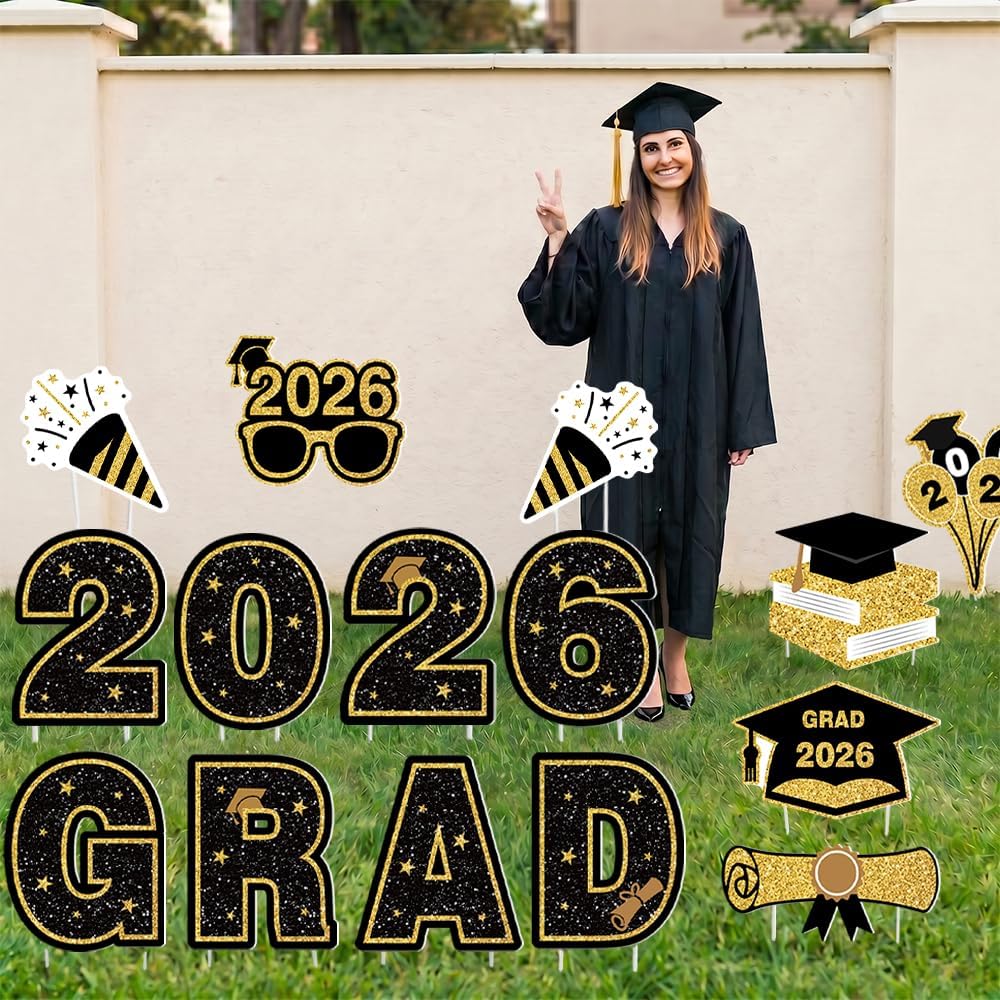 15 Pcs Large Graduation Yard Signs Class of 2026 Black and Gold, Congrats Grad Lawn Decorations with 28 Stakes for Outdoor Lawn, High School College Graduation Party Yard Decor (Black)