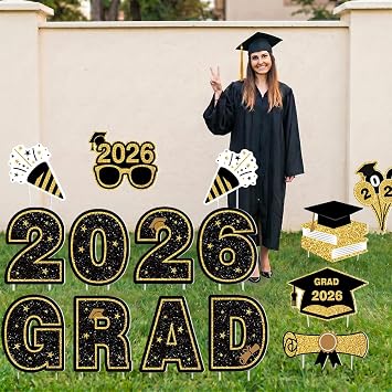 15 Pcs Large Graduation Yard Signs Class of 2026 Black and Gold, Congrats Grad Lawn Decorations with 28 Stakes for Outdoor Lawn, High School College Graduation Party Yard Decor (Black)
