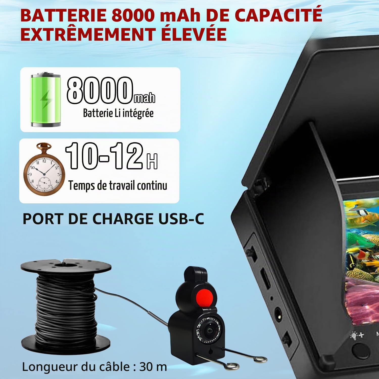 Fishfinder Fish Finder Caméra de pêche avec écran IPS de 4,3 pouces et câble de 30 m étanche grand angle 220° vision nocturne sous-marine pour pêche en mer rivière