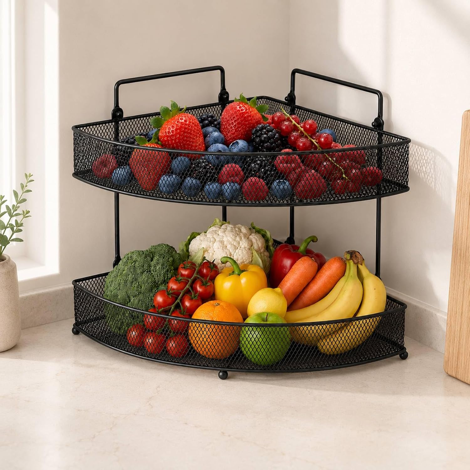 Tudomro Large 2 Tier Corner Fruit Basket for Kitchen Counter, Gold
