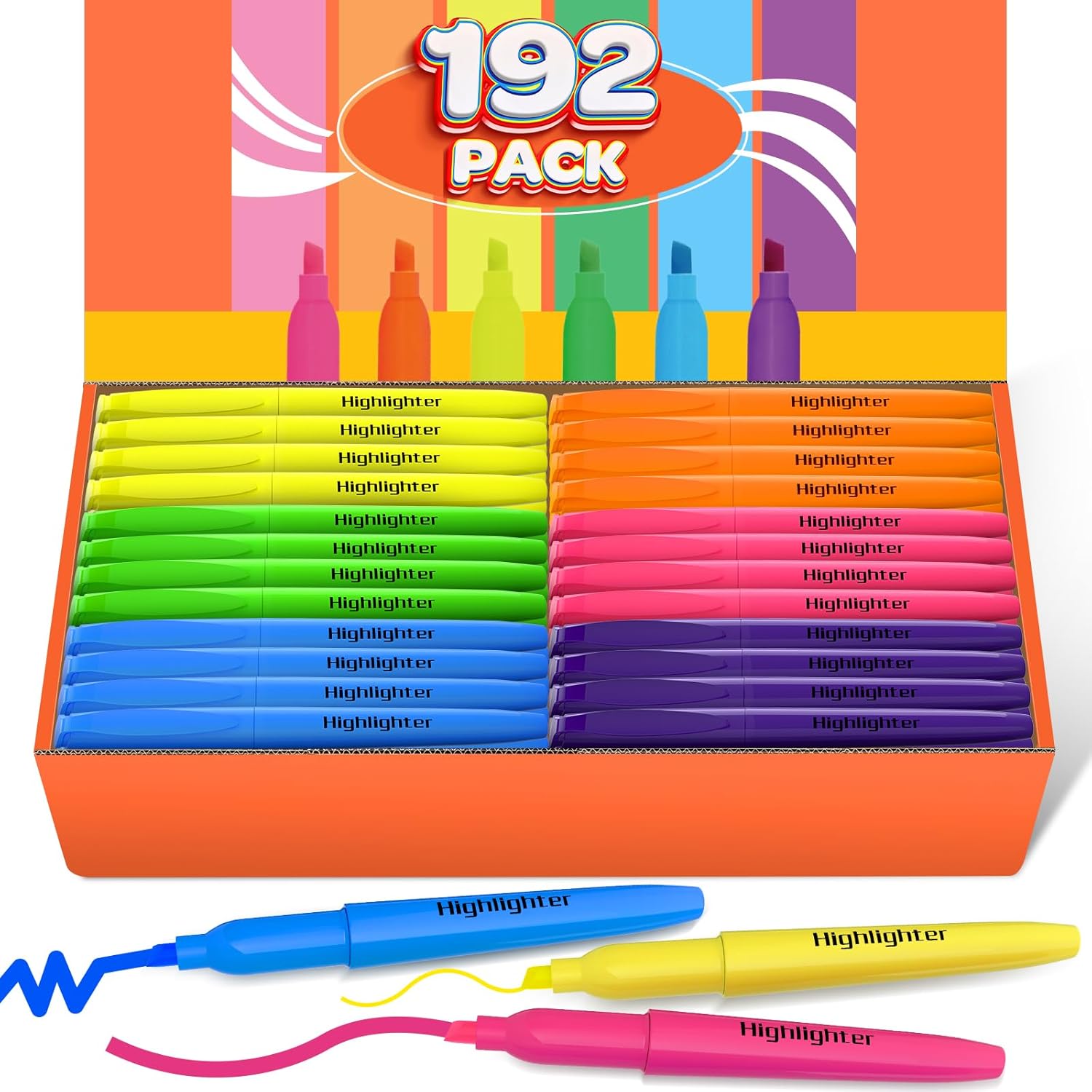 192 Count Highlighters Assorted Colors Bulk - 6 Colors Dry-Quickly No Bleed Chisel Tip Highlighter, Markers Set for Classroom Office, Back to School Supplies for Teacher Kids Adults