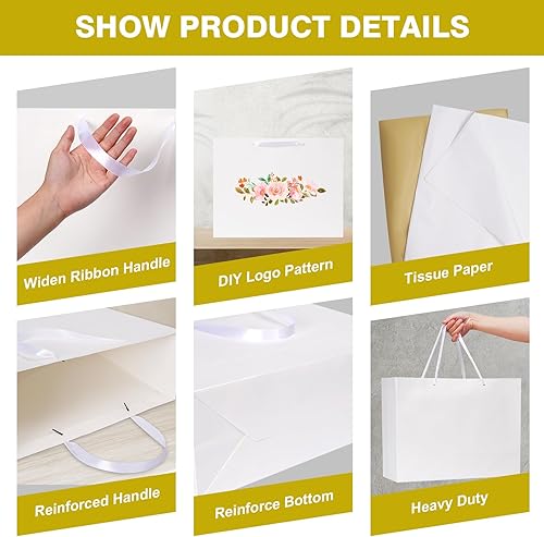Miniatura 4 de Paquete de 12 bolsas de regalo medianas con asas de cinta y bolsas de pañuelos, bolsas de regalo blancas para compras, pequeñas empresas, fiestas