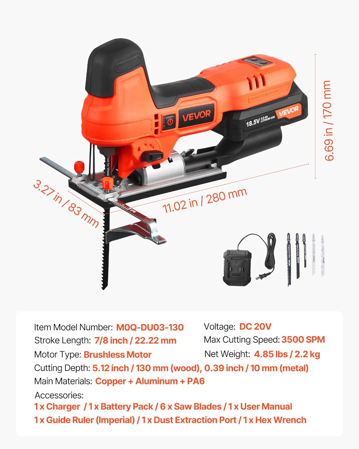VEVOR 20V Cordless Jig Saw, 7/8" Brushless Jigsaw Tool for Makita 18V Battery, 3500 SPM & 6 Variable Speed, Battery & Charger, LED Light, 0-45° Bevel Cuts, 6 Blades, 4 Orbital Settings, Wood & Metal