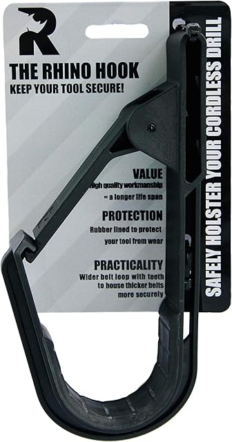 The Rhino Hook  Universal Tool Belt and Cordless Drill/Impact Wrench Holder  Tool Holster Alternative to Pouch by Rhino (with Clip)