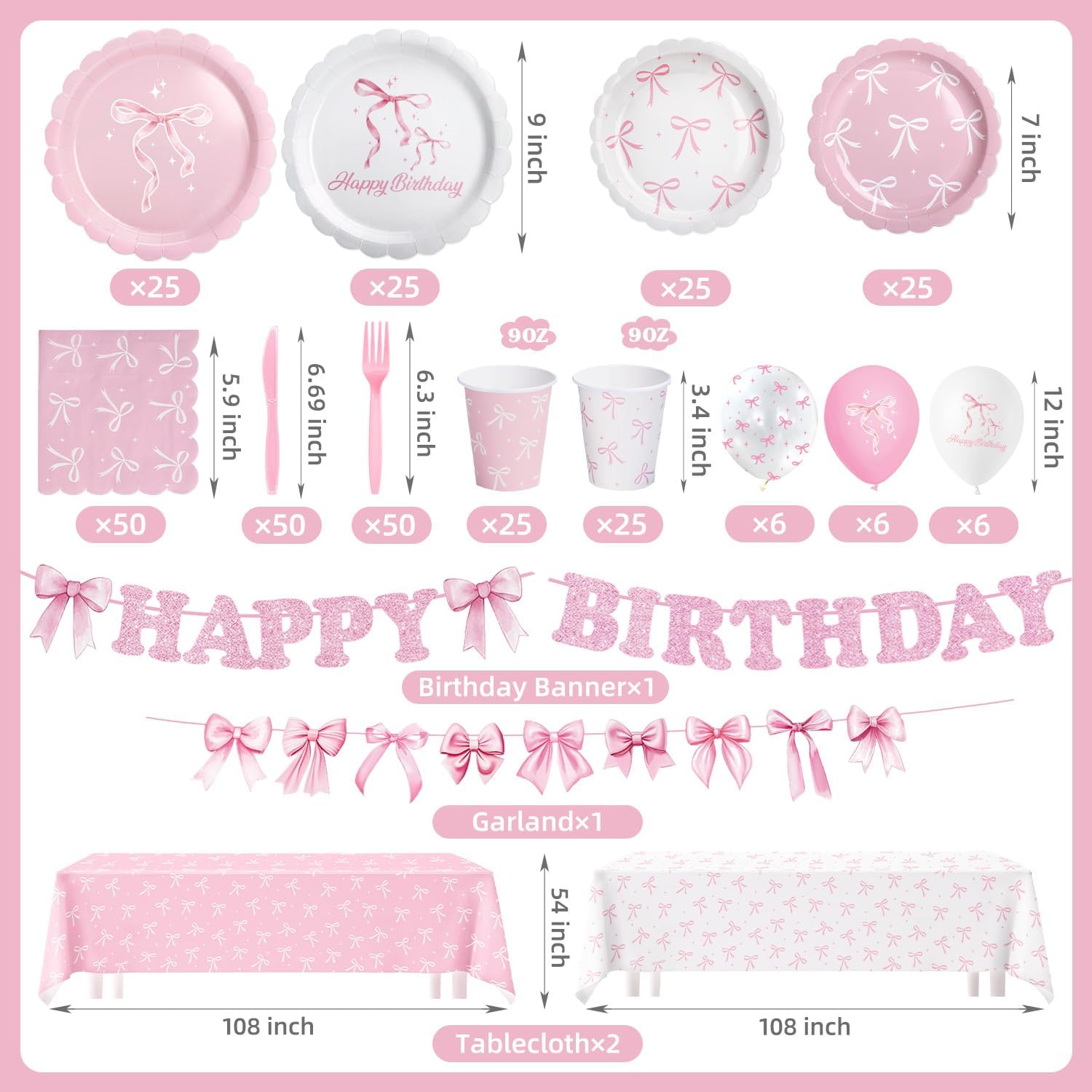 322 Pcs Pink Bow Birthday Decorations (Serves 50), Plates And Napkins Cups Knifes Forks Banner Tablecloth Balloons Bow Theme Tableware for Girls Bachelorette Party Decor