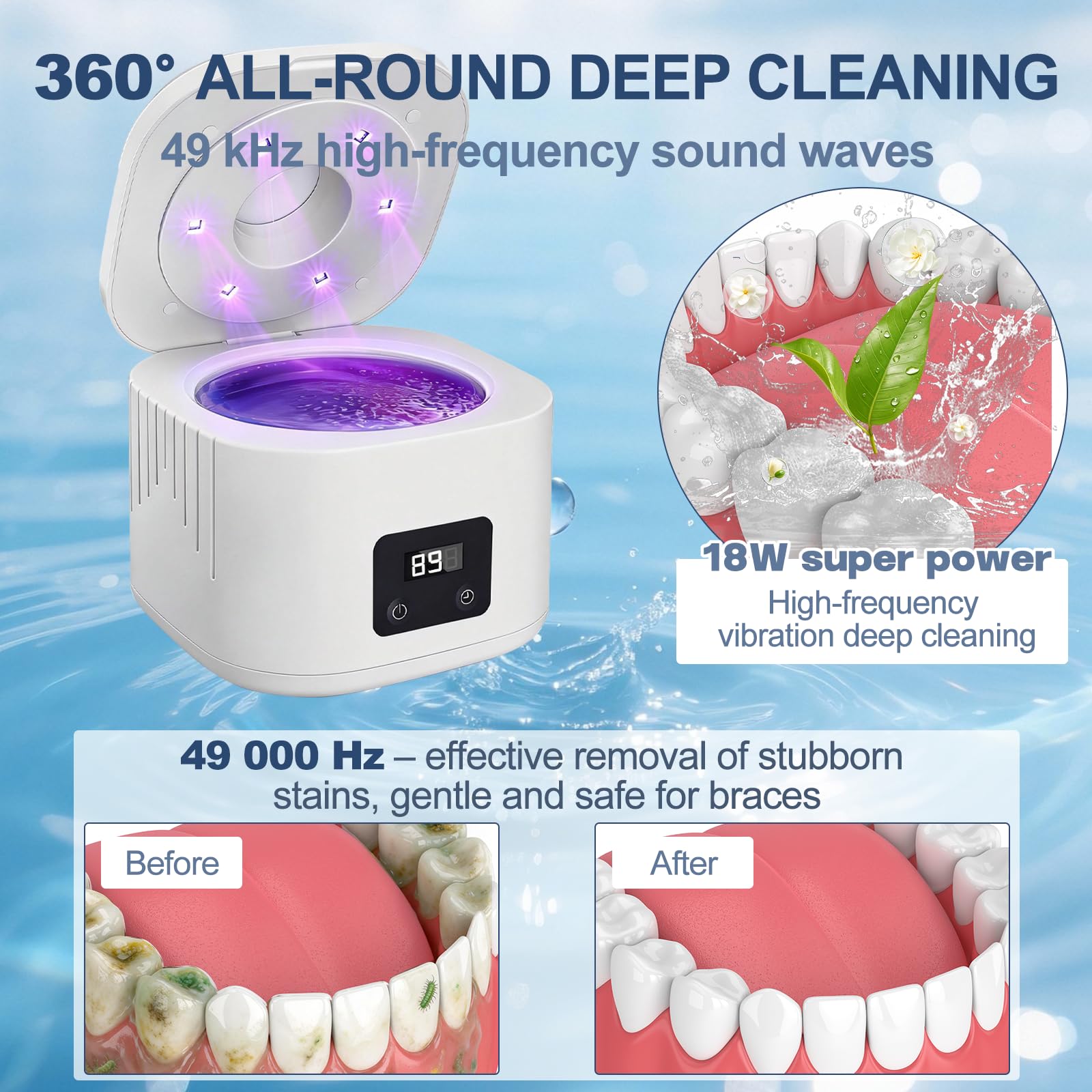 Nettoyeur Ultrasons, 490000Hz Bac Ultrasons avec Lampe UV et 3 Modes (180s/300s/600s),340ML Ultrasonic Retainer Cleaner Dental Pod Dentaire,avec une brosse et une pince,pour Prothèses Dentaires, Gou