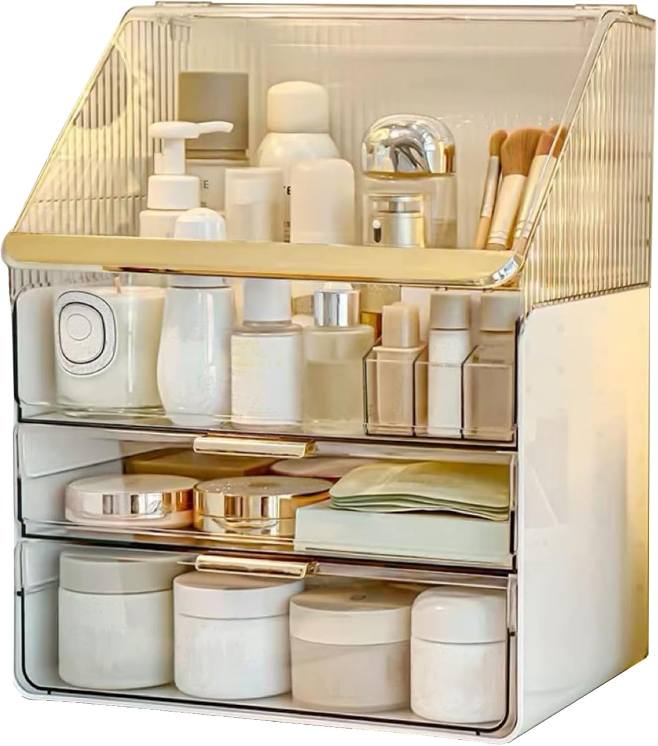 Kousee Organizer per trucchi, 3 strati, grande capacità, espositore per cosmetici con 2 cassetti, organizer per cosmetici per bancone del bagno, piano di lavoro per vanità, camera da letto, bianco