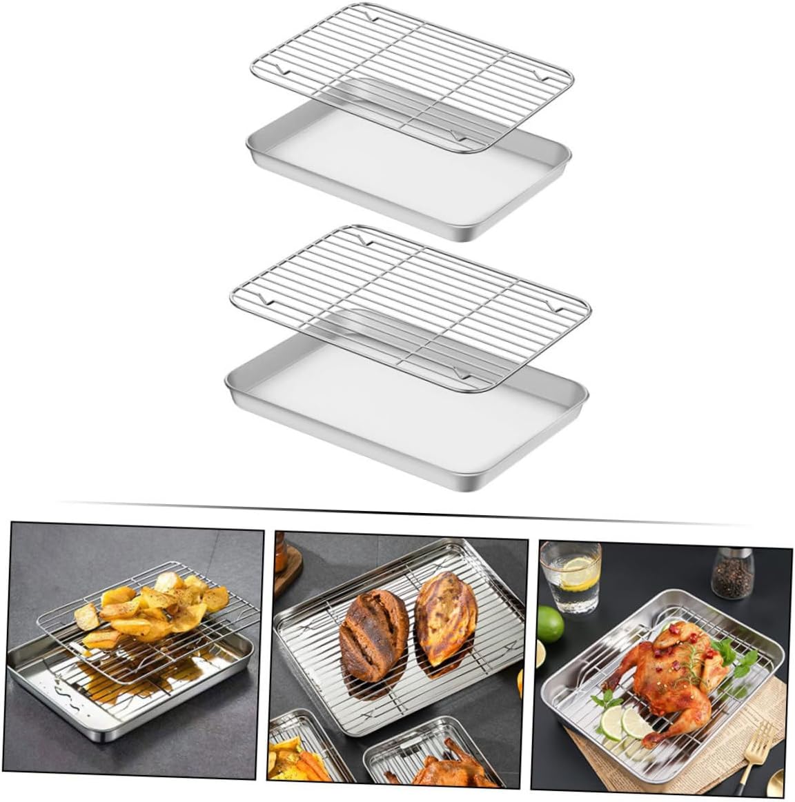 2sets Stainless Steel Baking Sheet with Wire Cooling Rack Oven Baking Tray for Muffins Cookies and Bread Compact for Easy Storage and Transport