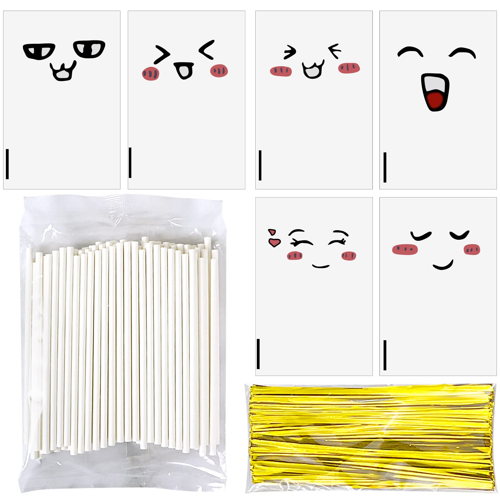 100pcs Smiley Candy Bags with 100pcs Paper Lollipop Sticks and 100pcs Gold Twist Ties, Clear Cellophane Treat Wrappers and Sucker Sticks Kit