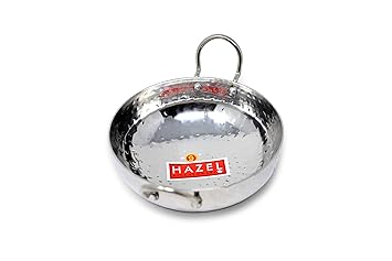 HAZEL Stainless Steel Kadai with Handle I Steel Kadhai, 3450 ml with Silver Finish I Curved Bottom for Faster Cooking I Hammered Tone Design I Ideal for Daily Use