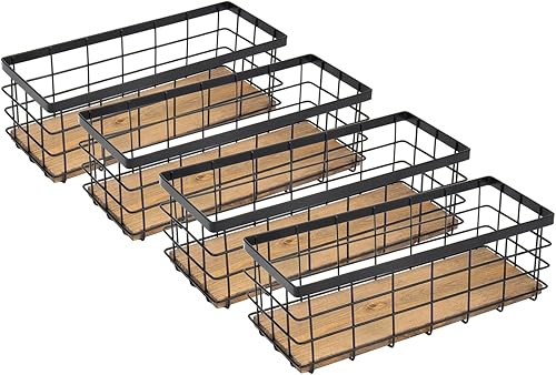 TIEYIPIN Farmhouse Small Metal Wire Storage Basket Bin, Rustic Home Storage Organizer with Wooden Bottom for Kitchen, Cabinets, Bathroom Counter, Pantry, Garage, Laundry Room - Black (4 Pack)