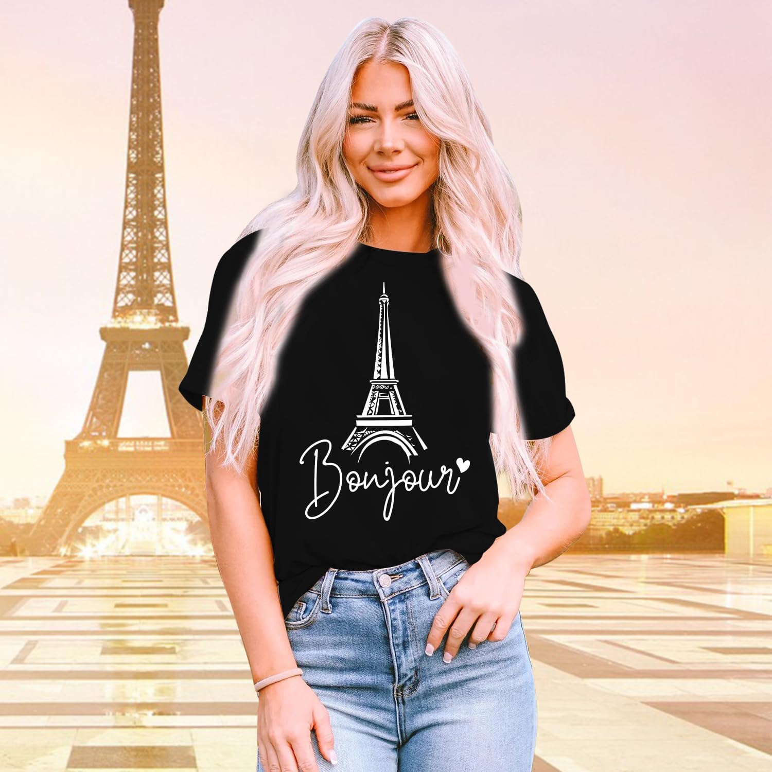 Womens Paris Shirts Travel in France T-Shirt Eiffel Tower Bonjour Tee Tops - Image 2