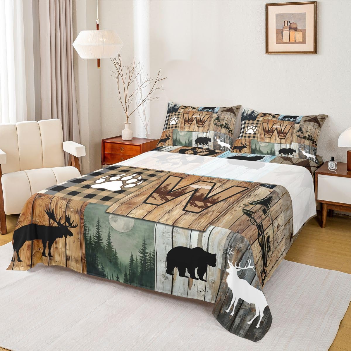 Erosebridal Hunting Bear Moose Deer Sheet Set Twin Initial Letter W Bed Sheets Rustic Cabin Lodge Camping Bedding for Kids Teen Adults,Western Farmhouse Bear Paw Print Bed Sheets Set 3 Piece