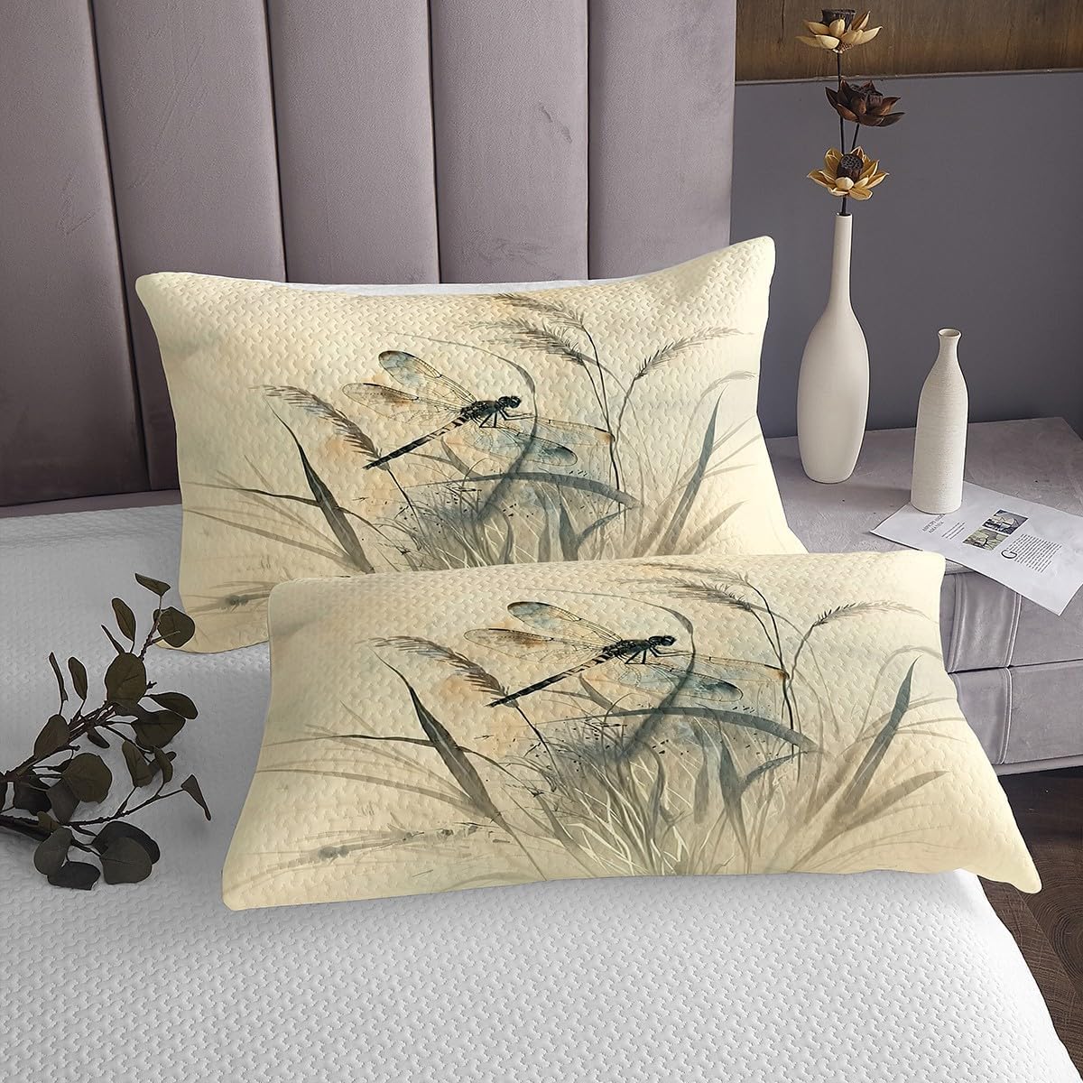 Homewish Dragonfly Coverlet Set Queen Size,Chinese Traditional Ink Painting Durable Bedspread for Girls Teens,Nature Leaves Beige Retro Soft Polyester Quilt Set, with 2 Pillowcases
