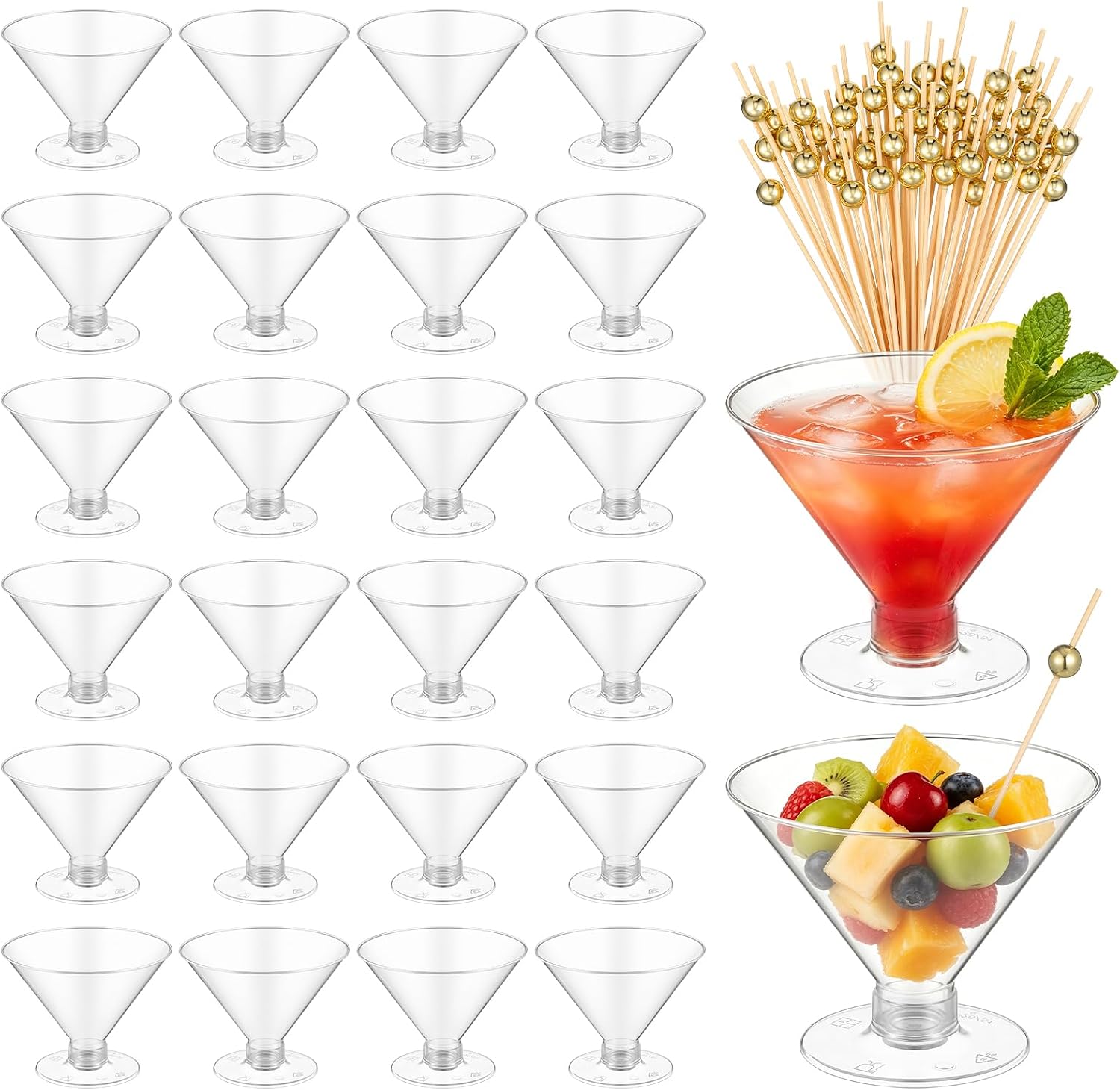 ABOOFAN 25 Pack Plastic Martini Glasses Disposable 5 oz with 50 Picks