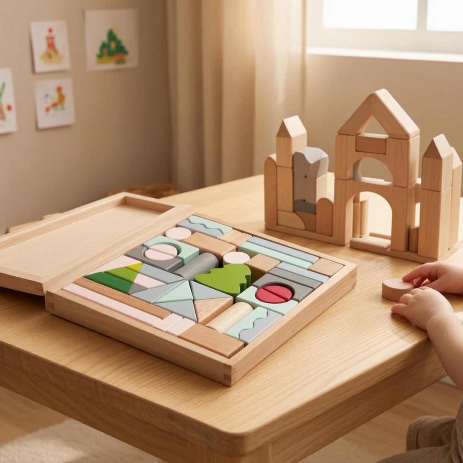 Qianly 43 Pezzi Blocchi di Legno con Vassoio Naturale Blocchi di Costruzione in Legno Montessoriano Costruzioni per Scuola Scuola Dell'infanzia, Blocchi Di Legno Naturale