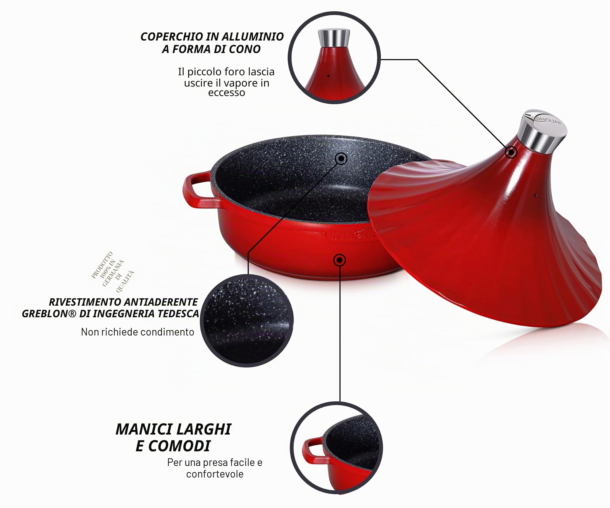 NTIGNIS Marmite à tajine marocaine | Passa quattro | Grande coda di 28 cm | Induzione, gas, électrique, céramique | Revêtement anti-adhésif sans produits chimiques Greblon (Rosso)
