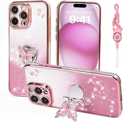 Miniatura 14 de Funda protectora para Apple iPhone 14 (6.1 pulgadas), para mujeres y niñas, funda protectora de TPU con diseño floral de mariposa con purpurina y