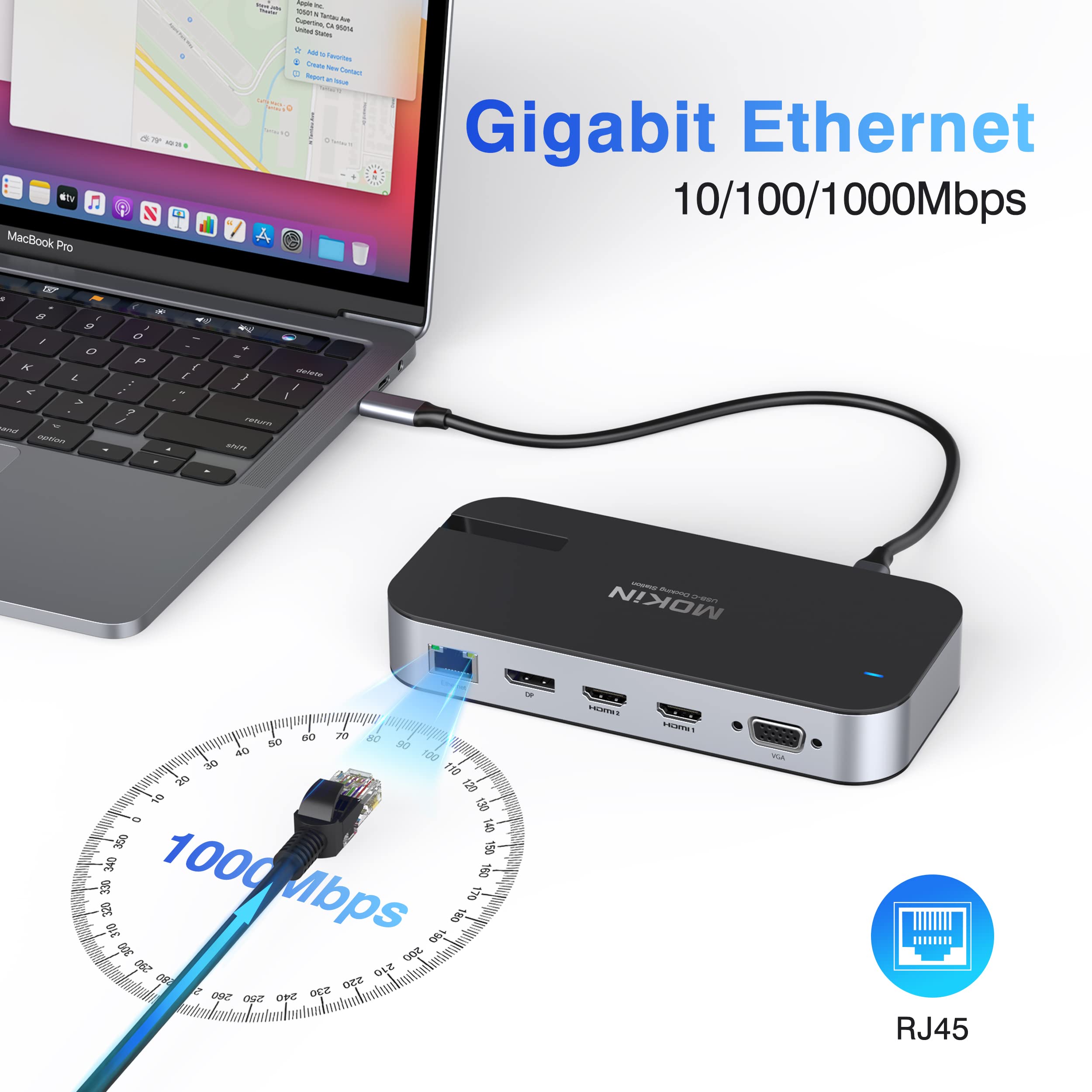 MOKiN Station d'accueil pour ordinateur portable avec alimentation 65 W, station d'accueil 16 en 1 station d'accueil USB C avec double écran avec 4K 2 HDMI, DP, VGA, 5 ports USB, RJ45, SD/TF, 100 W PD